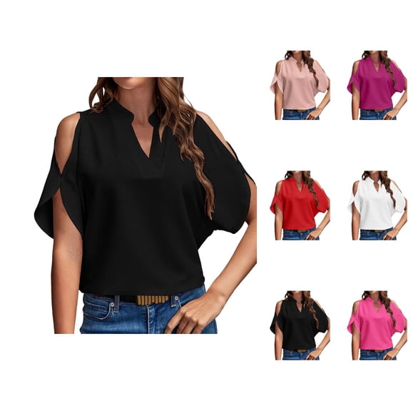T Shirts for Women Summer Casual Short Sleeve V Neck Cold Shoulder Relaxed Fit Dressy Casual Tshirts Blouse