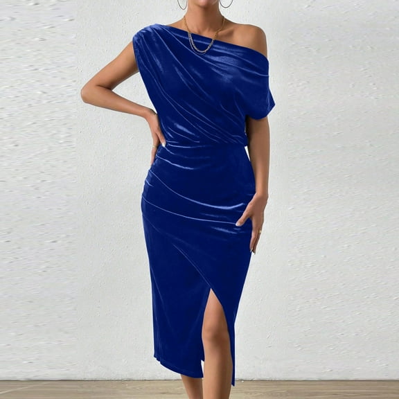 Meichang Womens Velvet Dress formal Prom One Shoulder Vintage Slit Bodycon Midi Dress Elegant Cocktail Wedding Party Evening Pencil Dress
