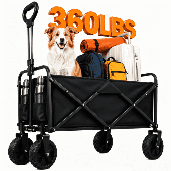 ANSFIL Collapsible Wagon with All-Terrain Wheels, Folding Utility Heavy Duty Wagons for Sports, Shopping, Camping, Grocery, Black