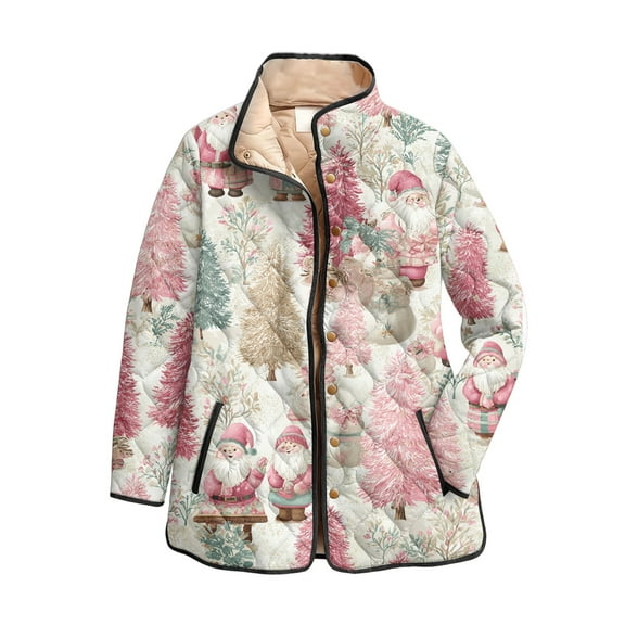 Women's Floral Print Stand Up Collar Pleated Cotton Long Sleeve Button Jacket with Vintage Christmas Design for Casual and Retro Style,Khaki,2XL