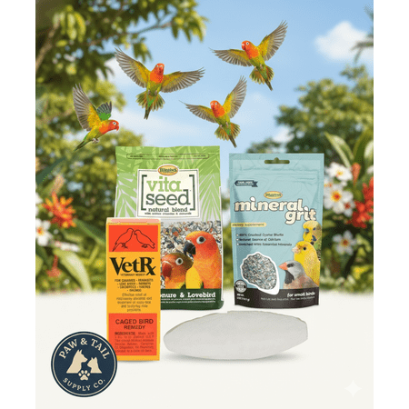 Lovebird Care Bundle 6” Cuttlebone, Mineral Grit, VetRx & Lovebird Food Small Birds