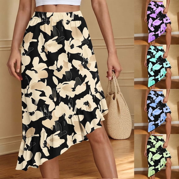 Dianli Gifts Skirt Maxi Skirts Women's Floral Print A Line Long Skirt Elastic Waist Drawstring Irregular Hem Lightweight Breathable Cotton Linen Pull On Vacation Beach Skirt
