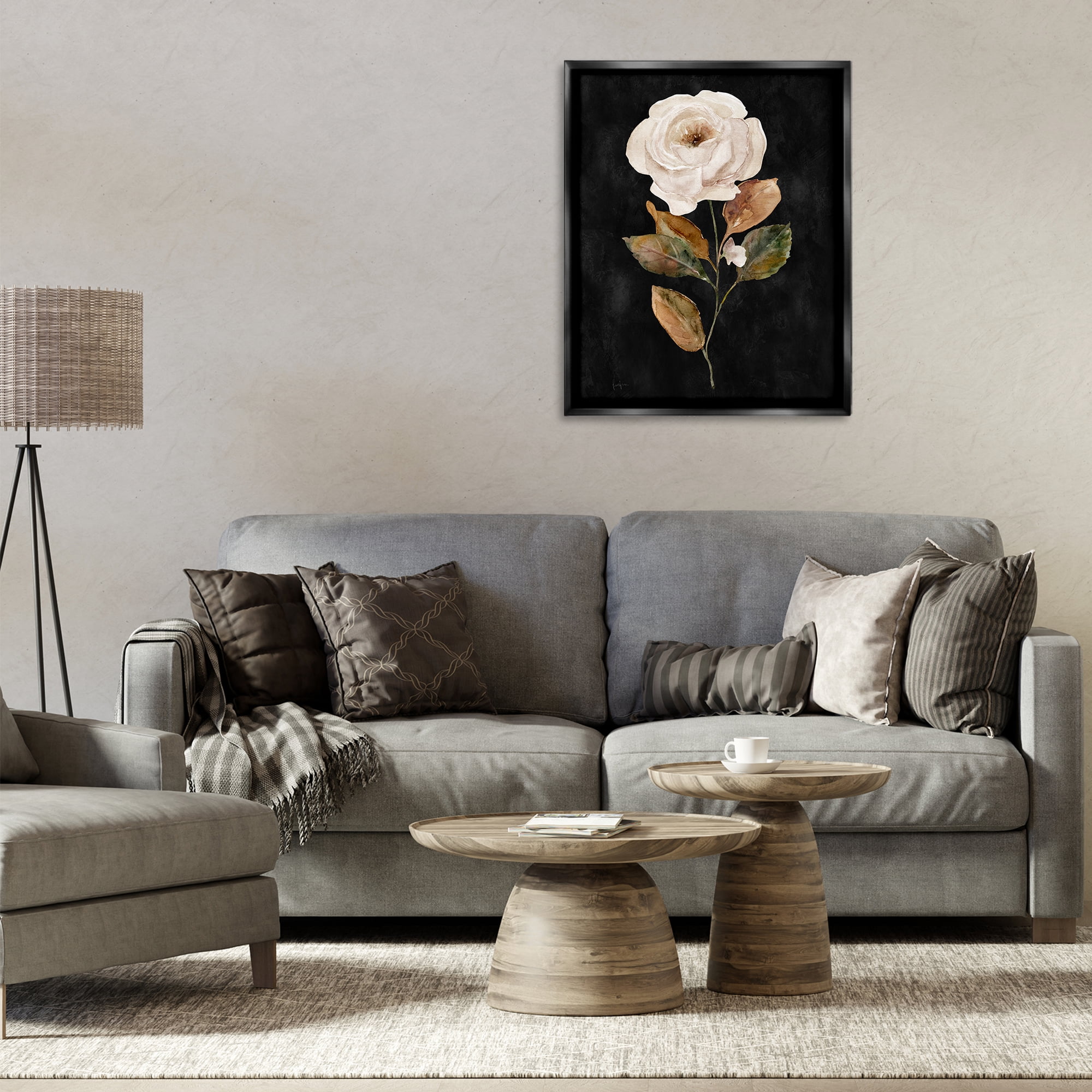 Stupell Industries White Rose on Black Plants & Flowers Painting Black Floater Framed Canvas Art Print Wall Art, 25 x 31