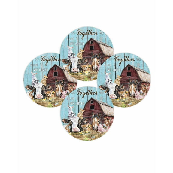 Round Placemats Set of 4 Farm Animal Place Mats Washable Woven Placemat Barn Horse Pig Cow Teal Circle Braided Table Mat for Kitchen Dining Table Party Home Decor 15 Inch