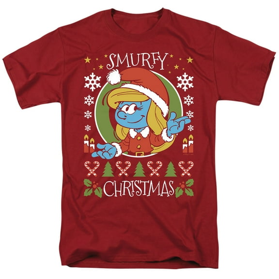 Smurfs Smurfy Christmas With Smurfette Unisex Adult T Shirt, Cardinal, Medium