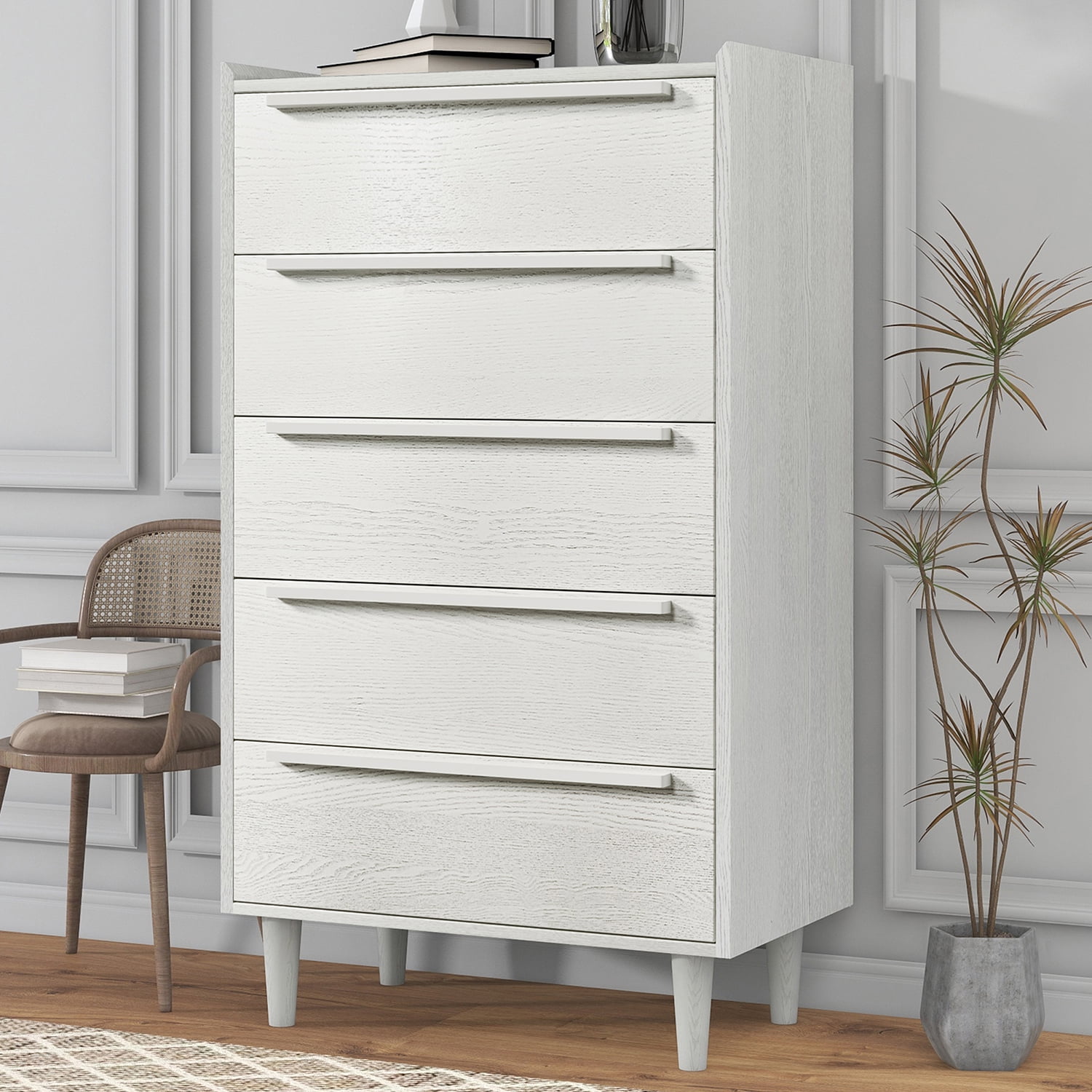 Kepooman Modern Style Manufactured Wood 5-Drawer Chest with Solid Wood Legs, 5-Drawer Wide Chest with Wood Top for Living Room Bedroom Hallway Nursery, White Kepooman Modern Style Manufactured Wood 5-Drawer Chest with Solid Wood Legs, 5-Drawer Wide Chest with Wood Top for Living Room Bedroom Hallway Nursery, White