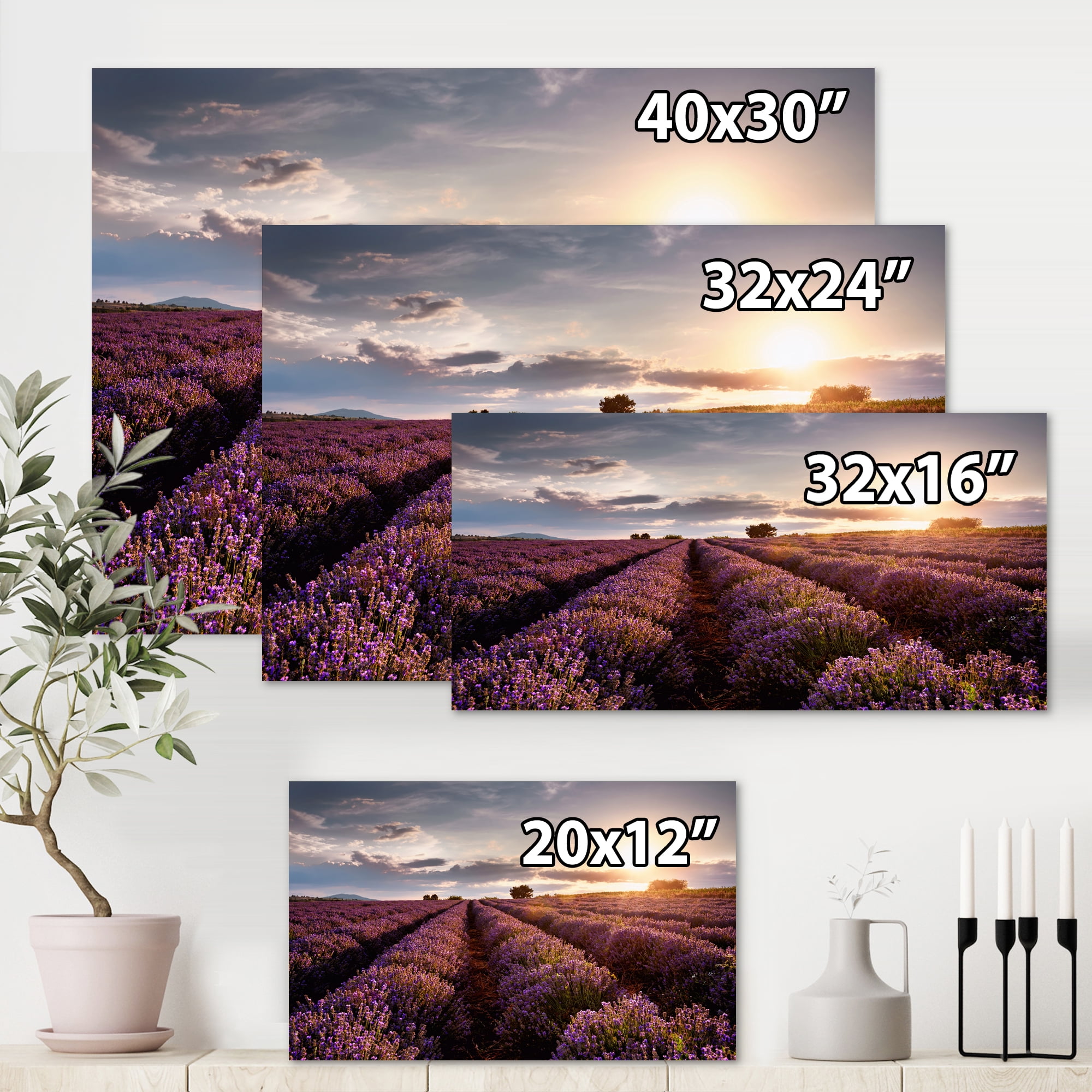 Designart ' Dramatic Clouds and Sunrise Over Lavender Field V ' Farmhouse Canvas Wall Art Print