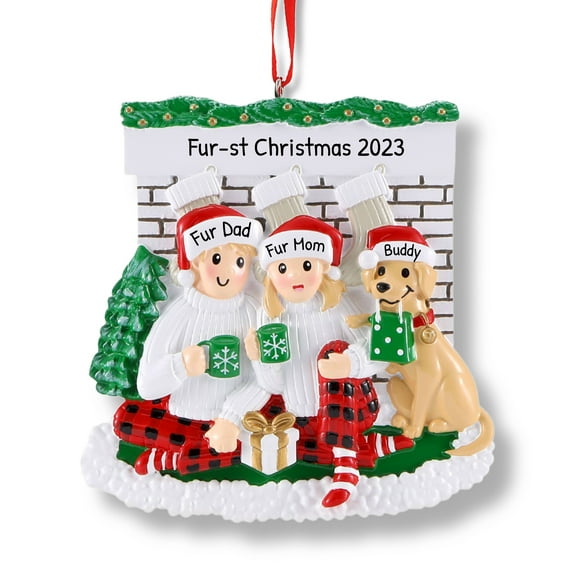 Ornaments by Elves Personalized Family of 3 with Pet Dog Fireplace Christmas Ornament 2024 .25lbs