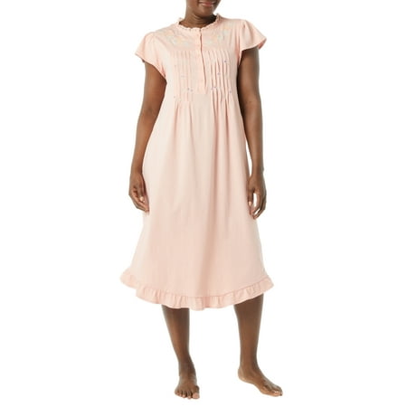 

AmeriMark Women s Embroidered Knit Night Gown Long Partial Button Front Dress Petal Pink - Mid Calf 5X