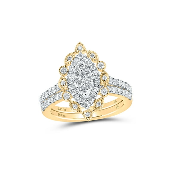 10kt Yellow Gold Round Diamond Marquise-shape Bridal Wedding Ring Band Set 1 Cttw