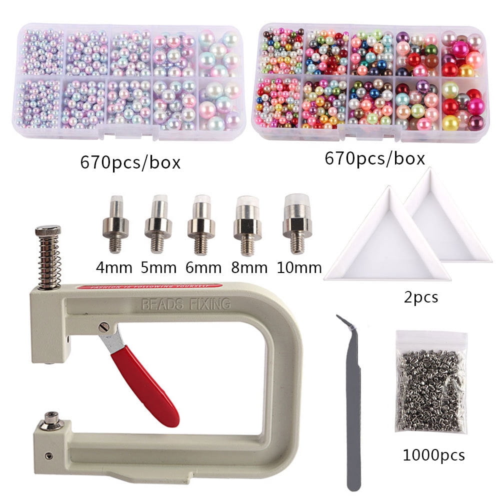 BIMZUC 2350-Piece Hand-Press Pearl Setting Machine Kit with 5 Nozzles, Mixed Pearls and Rivets for DIY Clothes Hats Shoes Jewelry Making, 11.8 inches / 30 cm Portable Craft Tool Set