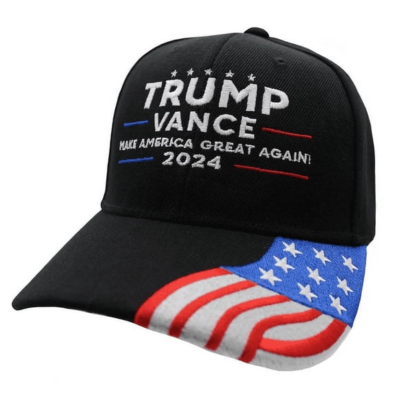 Trump Vance 2024 MAGA Embroidered Hat w/Flag Bill (Black)