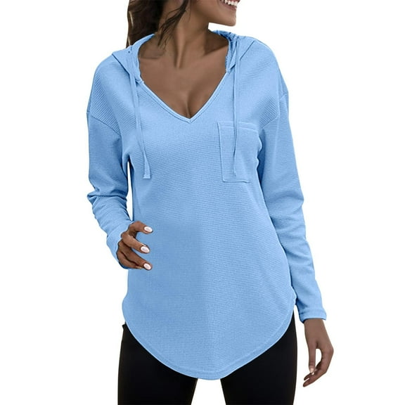 UJNDER Women's Hooded Sweatshirt V Neck Drawstring Pocket Plaid Pullover Long Sleeve Casual Blue M