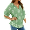 thumbnail image 3 of UVN Womens Summer Blouses Bohemian 3/4 Bell Sleeve Shirts for Women V Neck Flowy Casual Pleated Tops, 3 of 9
