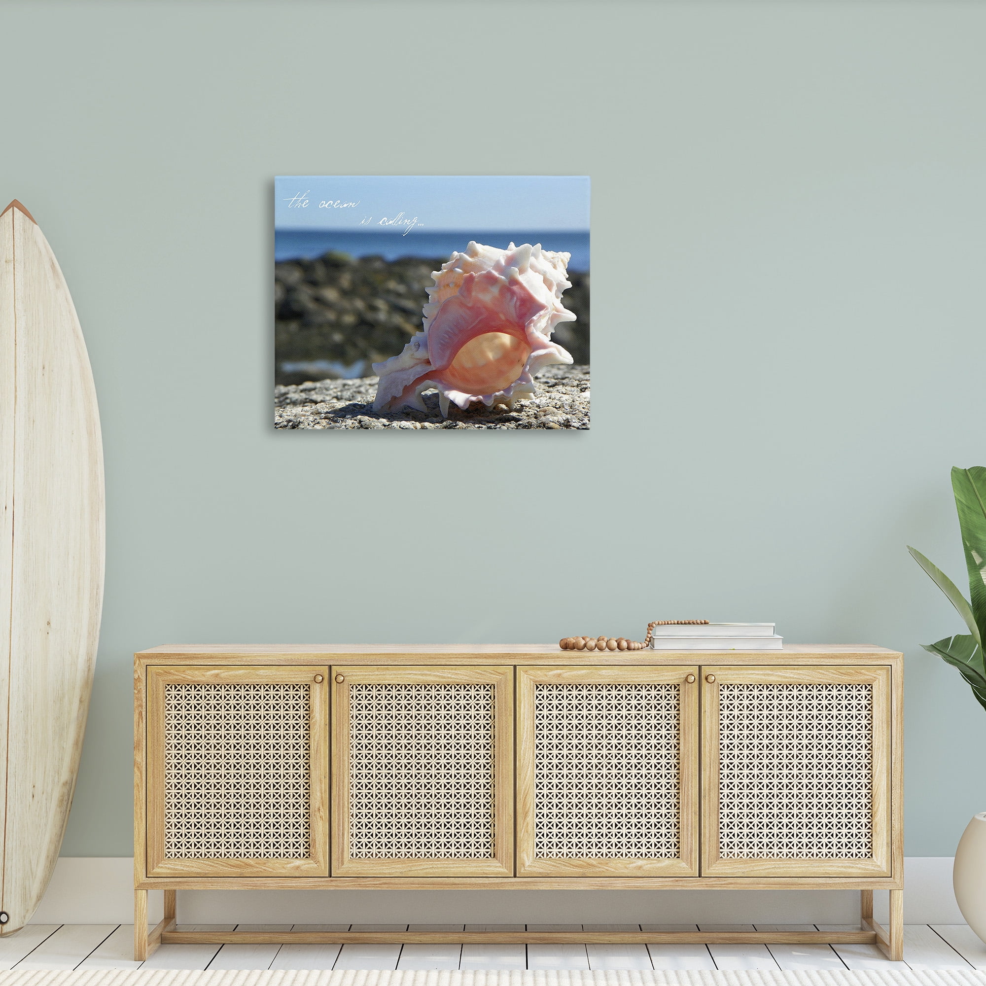 Stupell Industries Ocean Is Calling Conch Typography Photography Gallery Wrapped Canvas Art Print Wall Art, 40 x 30