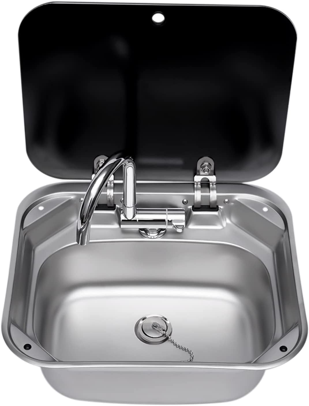 Miumaeov Single Bowl RV Caravan or Boat Stainless Steel Hand Wash Basin Sink with Folded Faucet Tempered Glass Lid van Camper Trailer Accessories