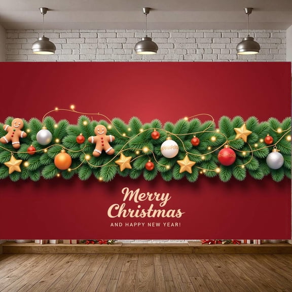 Red Background Christmas Banner Green Pine Branches New Year Banner Gingerbread Man Star Ornaments Holiday Banner for Christmas Party New Year Celebration Home Decoration