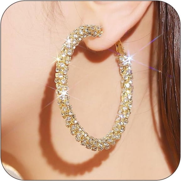 Rhinestone Hoop Earrings For Women Dress Big Gold/Silver Hoop Earrings Large Cross Hoop Earrings Sparkly Hoops Earring Chunky Thick Huggie Hoop Earrings Wedding Prom Formal Jewelry For Women[Z1581]