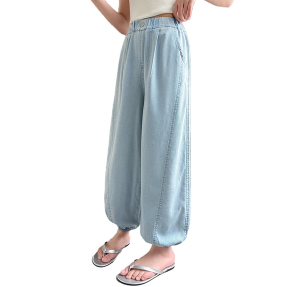 UJNDER Girls Thin Pants Casual Loose Straight Leg Trousers Embroidery Kids Breathable Lightweight Girls Pants,Light Blue,9-10 Years