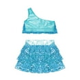 thumbnail image 4 of iixpin Kids Girls Sparkly Sequins Hip Hop Jazz Latin Dance Outfits Tiered Ruffle Crop Top with Skirted Shorts Set Sky Blue 14, 4 of 5