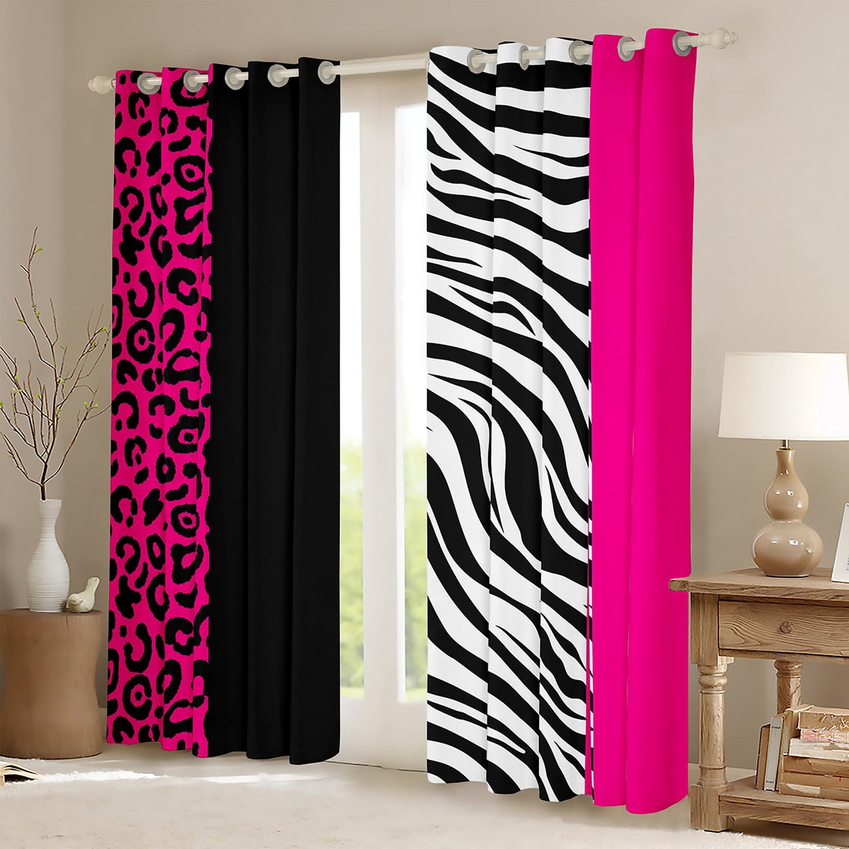 Manfei Zebra Stripes Curtains Pack of 2 (42x84 Each),Leopard Print Curtains Blackout,Pink Black Geometric Lines Bedroom Curtains For Boys Girl,Ultra Soft Home Decor