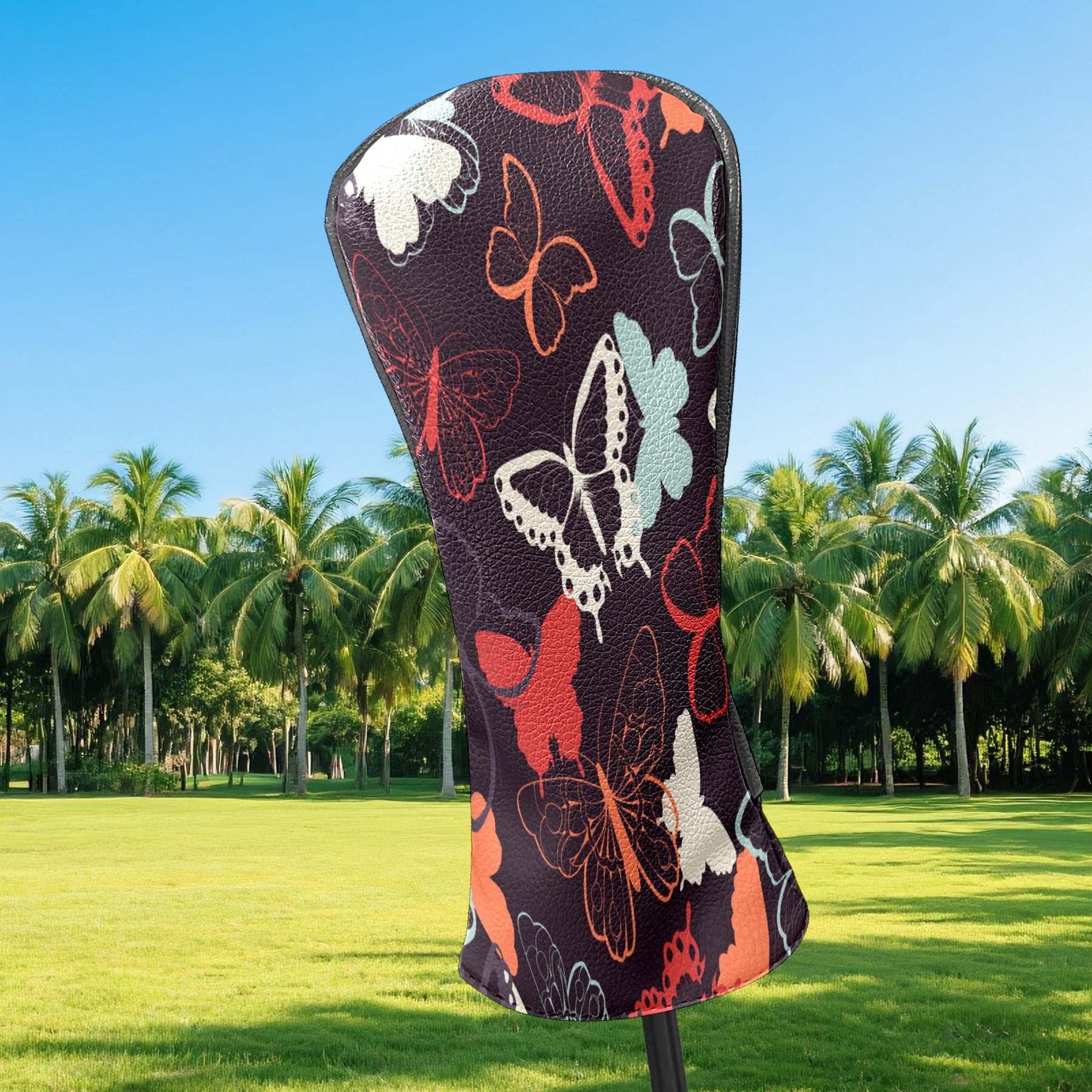 Golf Head Covers Colorful Butterfly Design for Driver, Wood & Hybrid, Premium Waterproof PU Leather with Plush Lining, Elegant Nature Golf Gifts