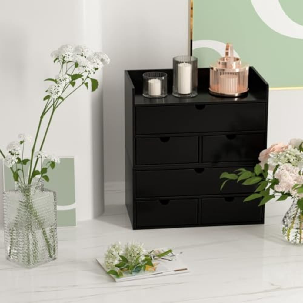 Bamboo Desk Organizer - Mini Bamboo Desk Drawer Tabletop Cosmetic Storage Organization for Office or Home Black