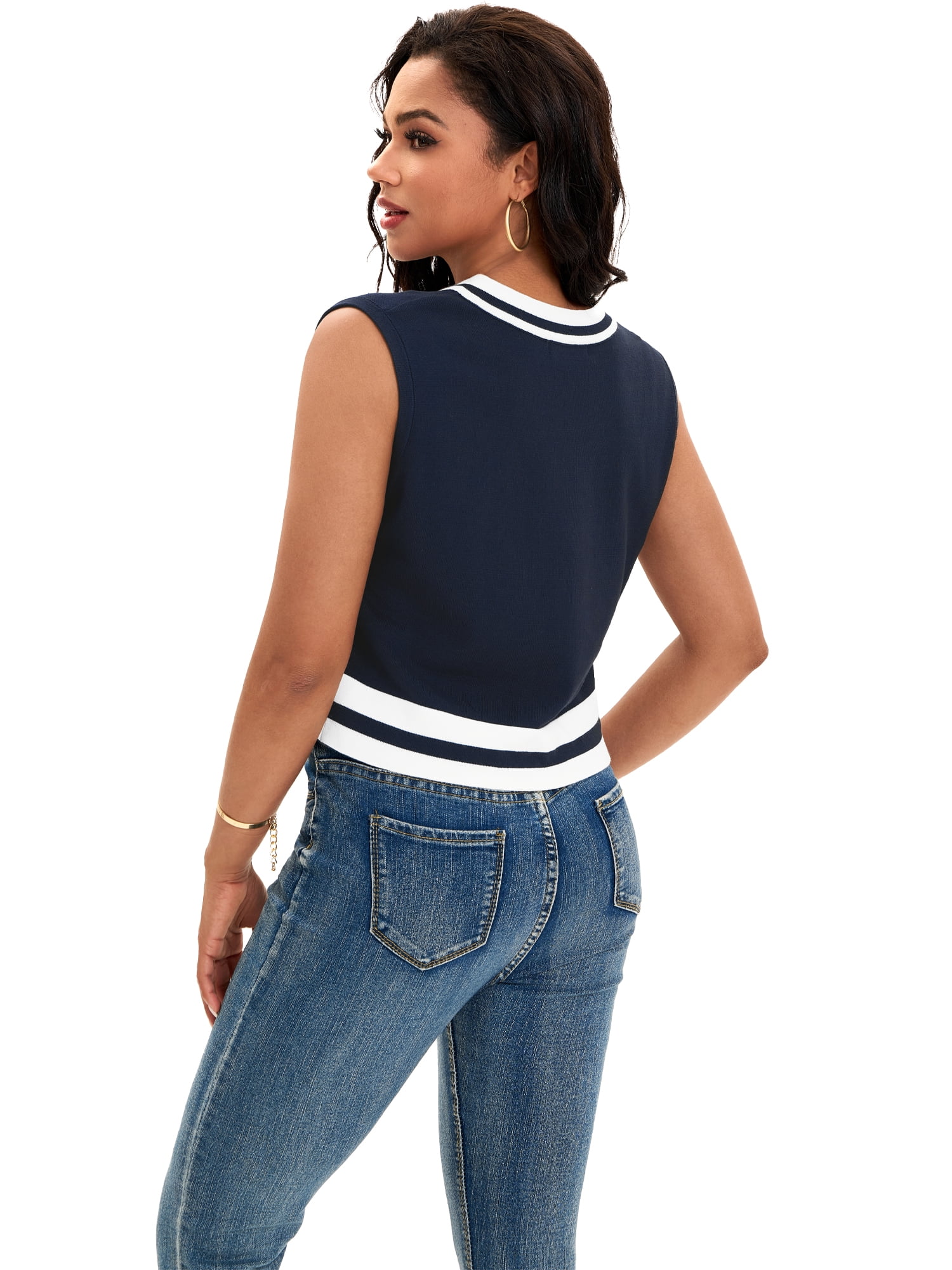 DARING DIVA Women's Cropped Sweater Vest Summer Tank Tops S Dark Blue White