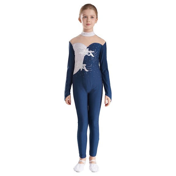 YIZYIF Kids Girls Gymnastics Long Jumpsuit Long Sleeve Mesh Sequins Acrobatics Ballerina Leotard Dancewear Navy Blue 8