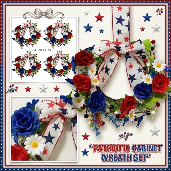 KUNPENG Independence Day Decorations, 4th of July Wreath, Patriotic Wreath, 10 Inches, Set of 4, Red White and Blue Mini Wreaths with Hanging Ribbon, Kitchen Cabinet Decor