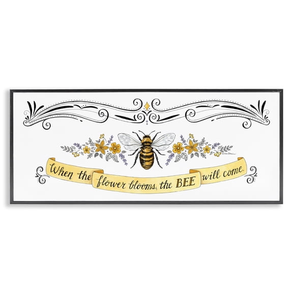 Stupell Industries Farmhouse When The Flower Blooms Honey Bee Banner Quote Black Framed Giclee Art, 30 x 13, by Deb Strain