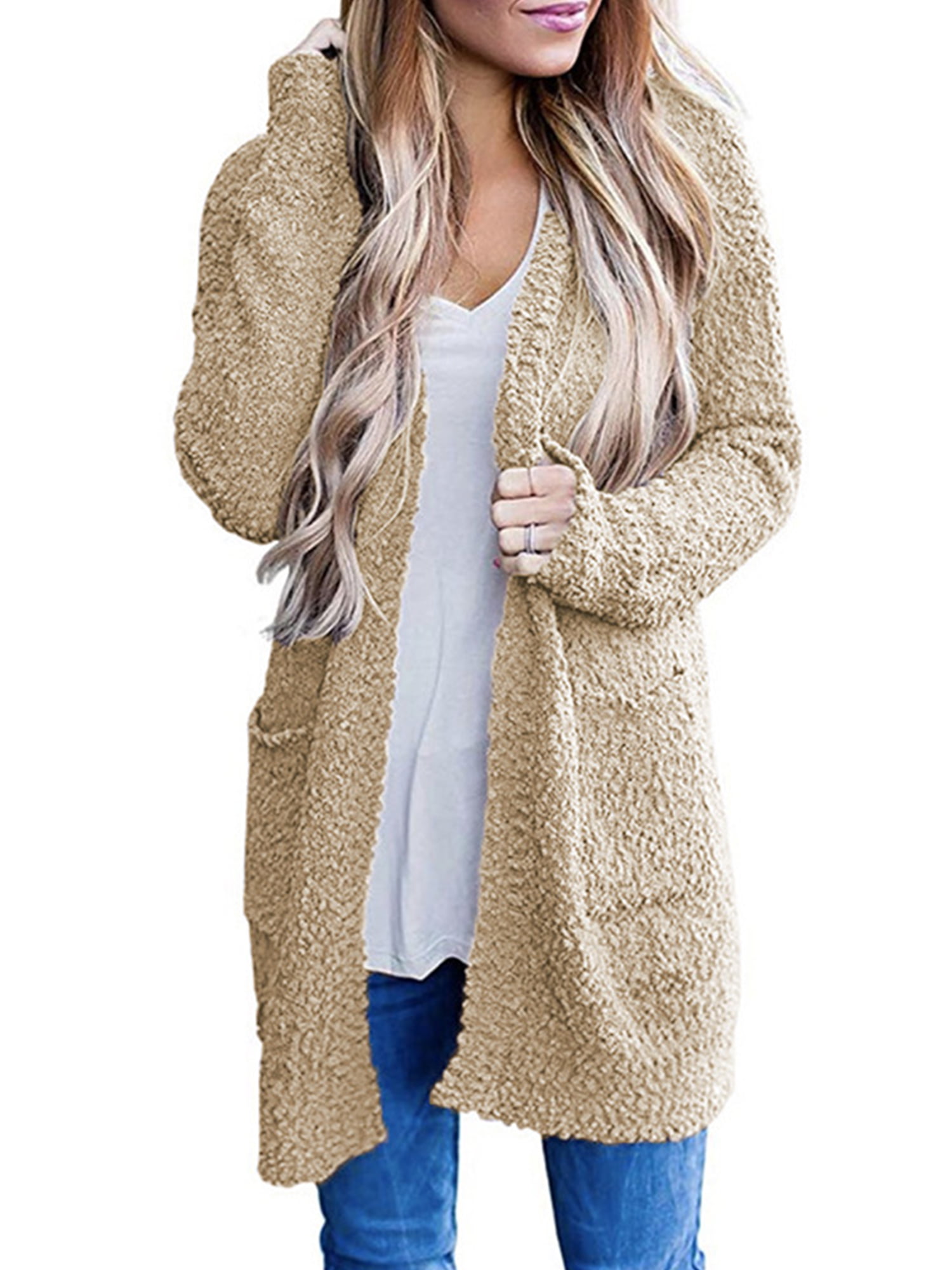 Leaf2you Womens Fuzzy Fleece Outerwear Sweatshirt Coat Plus Size Button Open Front Cardigan Jackets Sherpa Coat with Pockets