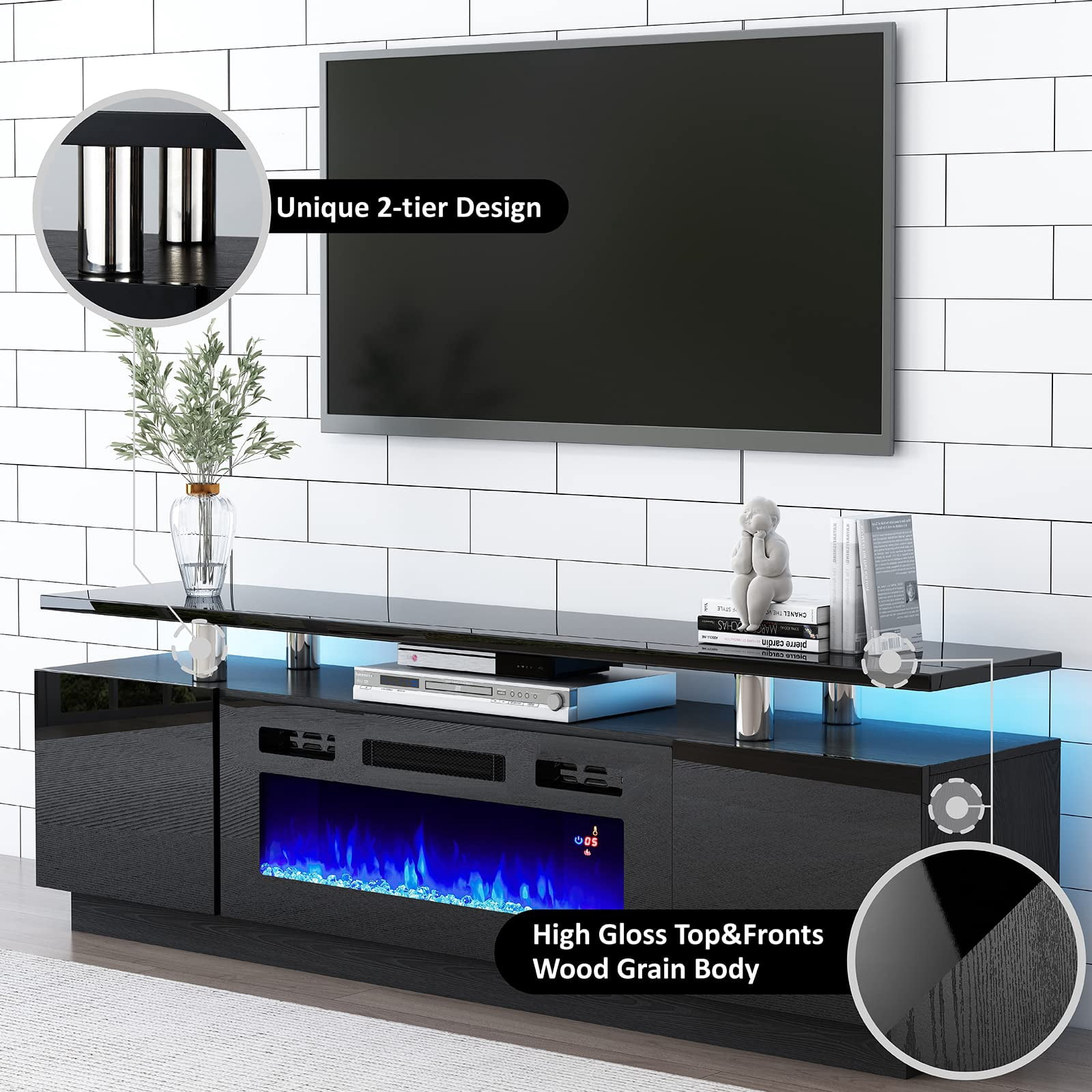 Amerlife 110" Large Fireplace TV Stand Set with 36" Electric Fireplace, Modern High Gloss TV Console Table for 80" TV, Black