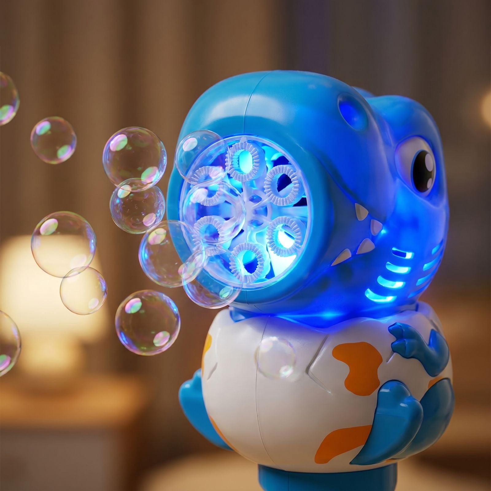 Dinosaur Bubble Blowing Machine, One-Button Automatic Bubble Maker with LED Light and 70ml Bubble Solution, Electric Handheld Bubble Blower for Party Outdoor Activities (Blue)