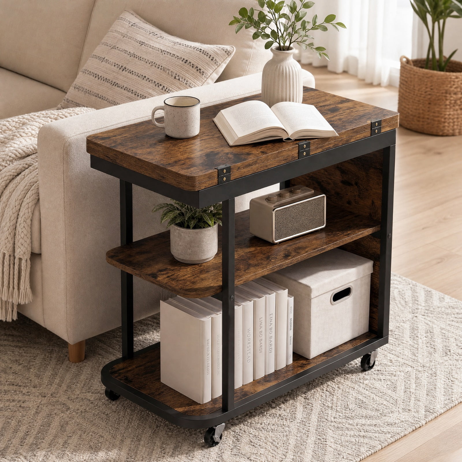 Furnibear Mobile Nightstand with Foldable Swivel Top and 2 Tier Shelf Rolling Bedside Table for Small Spaces Bedroom, Rustic Brown