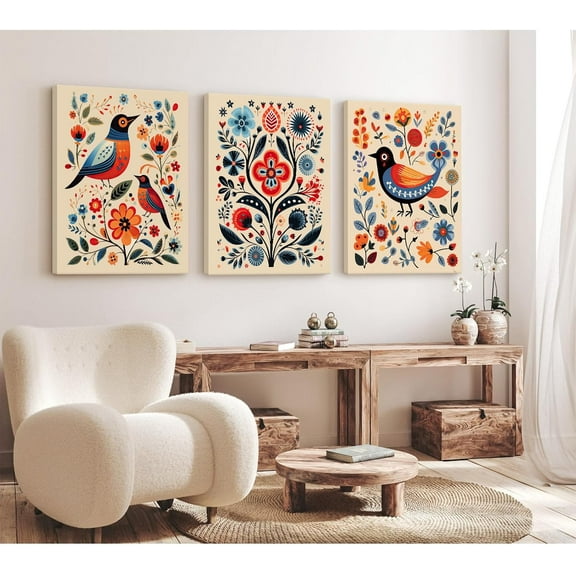 Scandinavian Folk Wall Art Nodic Flower Canvas Wall Decor 16x24 Inch Ready to Hang