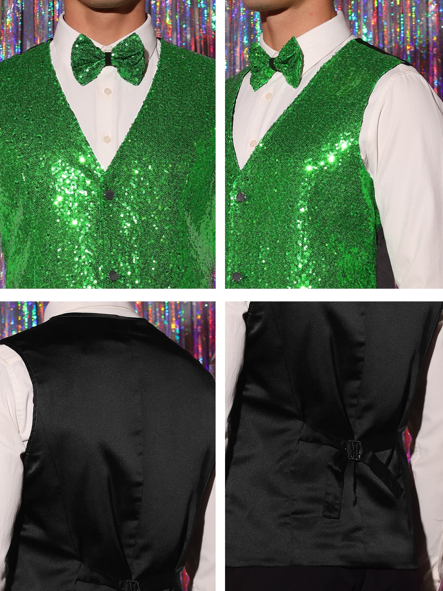 Unique Bargains Men's Disco Shiny Sequin Vest Suit Waistcoat Set with Bow Tie M Green