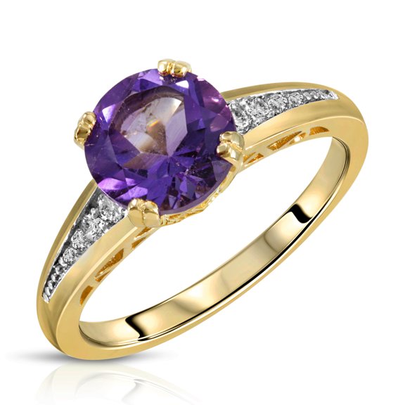 Galaxy Gold 14K Solid Gold Natural Diamond & Amethyst Ring for Women - Yellow Gold Fine Jewelry