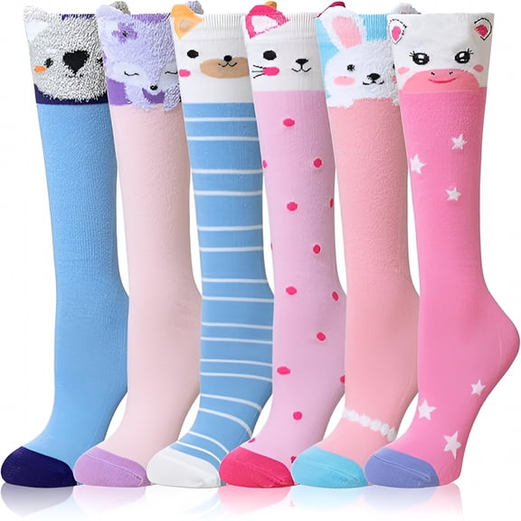 TELOLY 2026 New Girls Knee High Socks Kids Long Boot Crazy Silly Tall Fun Gift Cute Animal Cotton Long Socks 6 Pairs