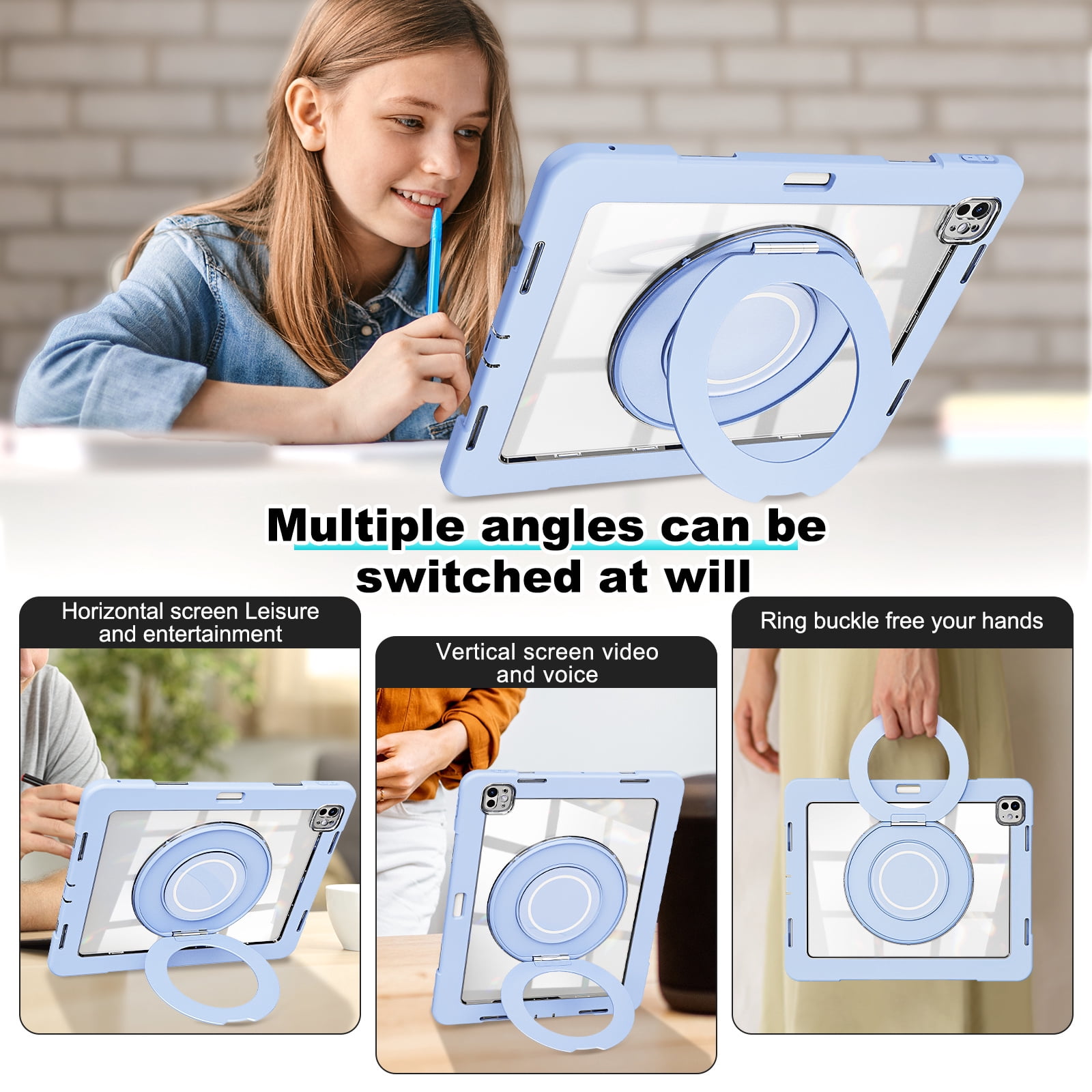 XYX Shockproof Tablet Case for iPad Pro 13 inch M4 2024 (7th Gen) with 360 Rotating Stand, Slim Lightweight with Pencil Holder, Blue