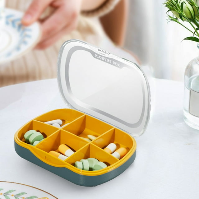 Portable Medication Storage Box, Waterproof Pill Organizer with 6 Compartments, Moisture-Proof & Travel-Friendly, Safe & Compact, Green/Orange/White/Yellow, Easy to Carry