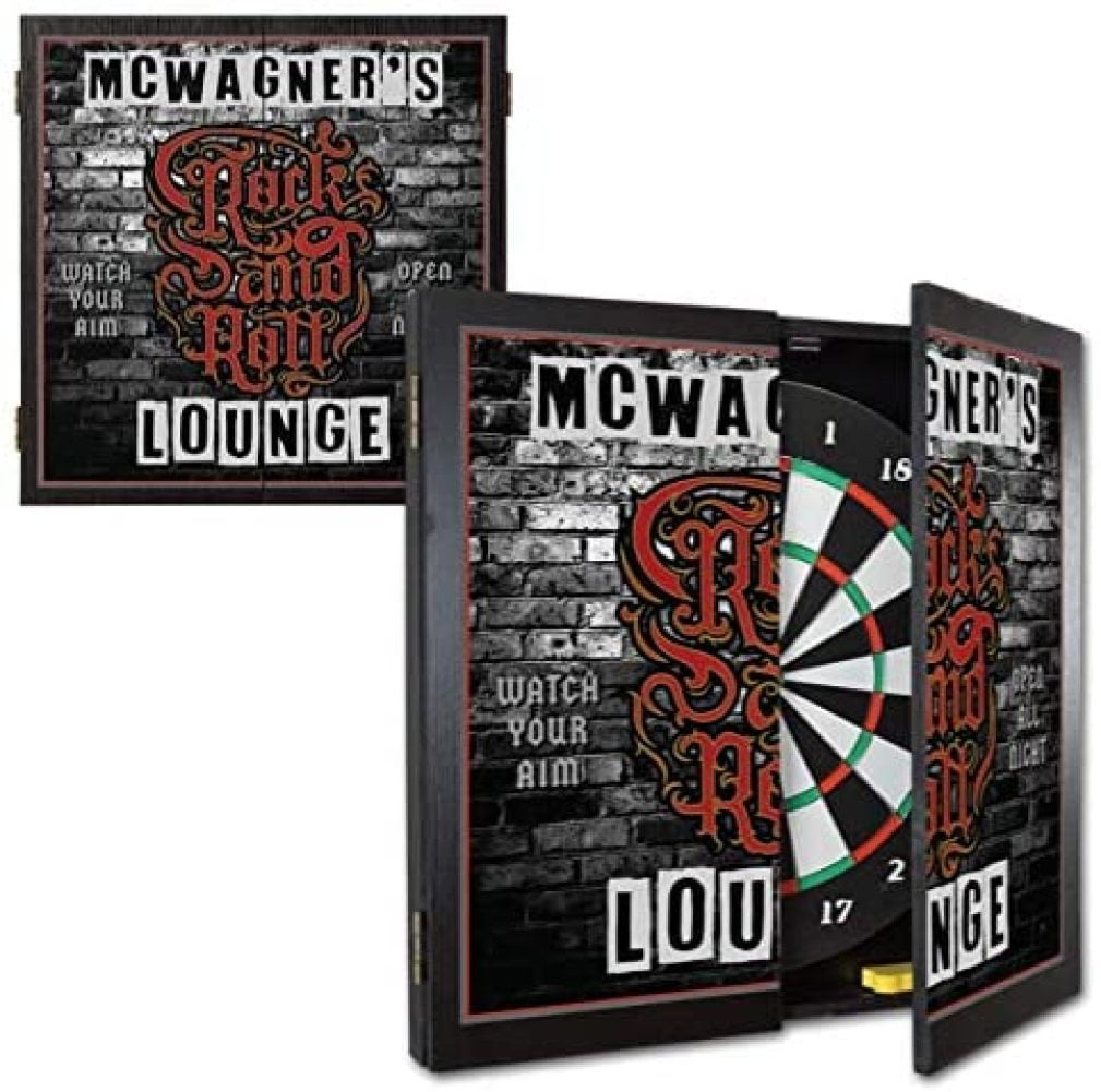 THOUSAND OAKS BARREL CO Wall Art Game Room Family Fun Traditional Drinking Memorabilia | Personalized English Pub Dartboard & Cabinet Set with 6 Steel Tip Darts 