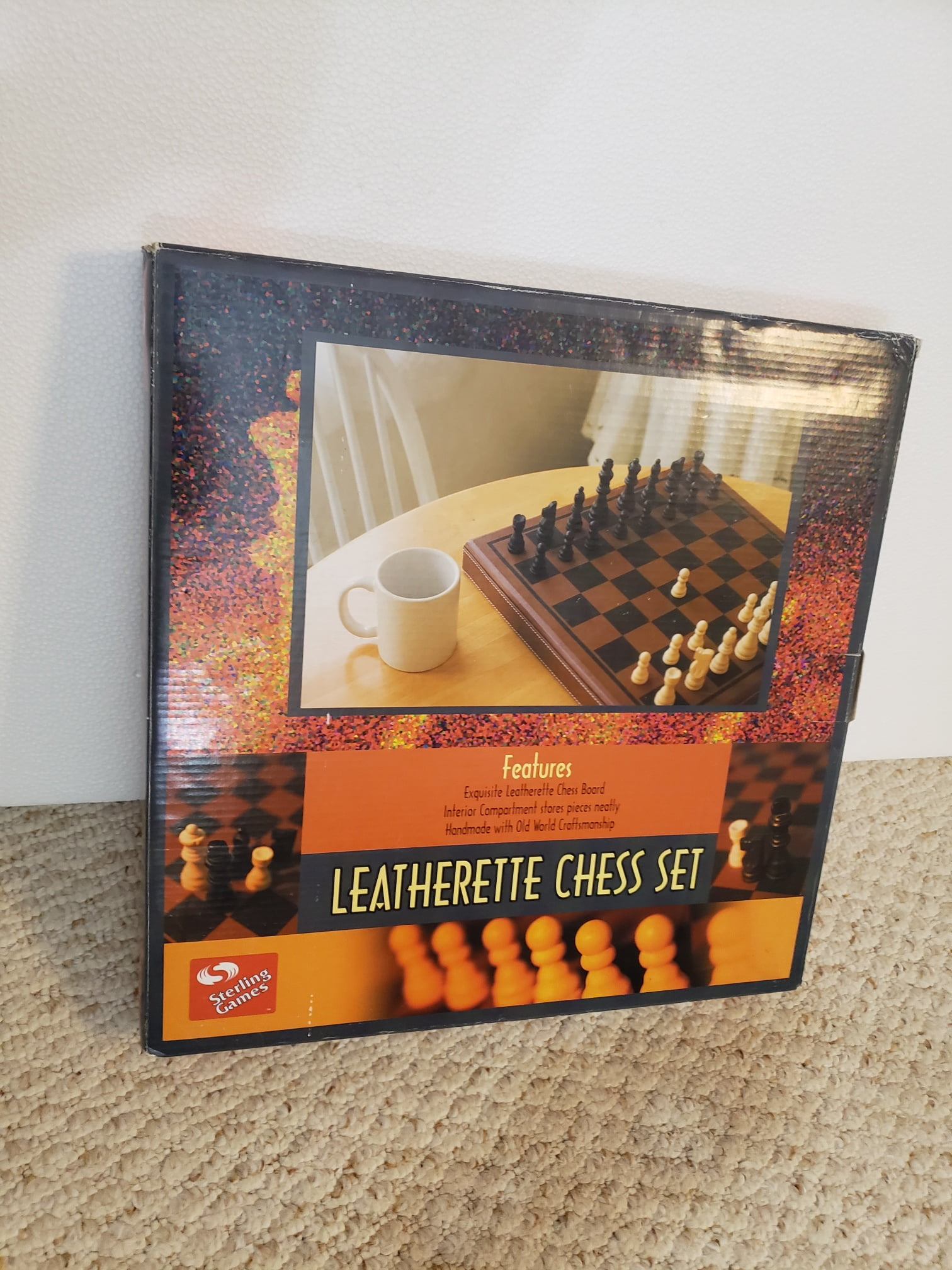 Sterling Games Leatherette CHESS Set - Features 3 inch King with 1.5" Squares - Exquisite Leatherette Chess Board 15"x15"  - Interior Compartment Stores Pieces