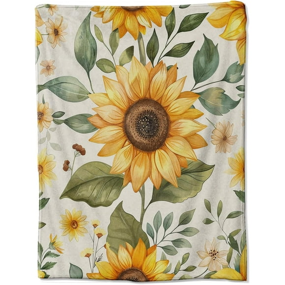 Sunflower Flannel Blanket: Inch Vibrant Yellow Sunflowers and Green Leaves Design on a White Background Perfect for Adding a Cheerful Touch to Your Space 50"x60"