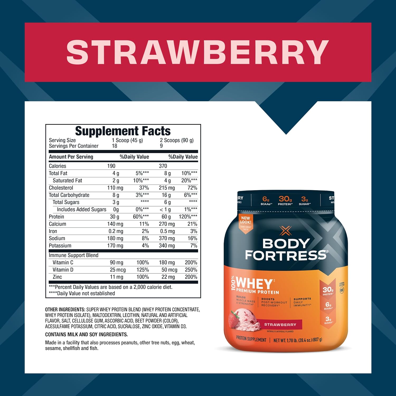 Body Fortress 100% Whey, Premium Protein Powder, Strawberry, 1.78lbs (Packaging May Vary) - image 3 of 8
