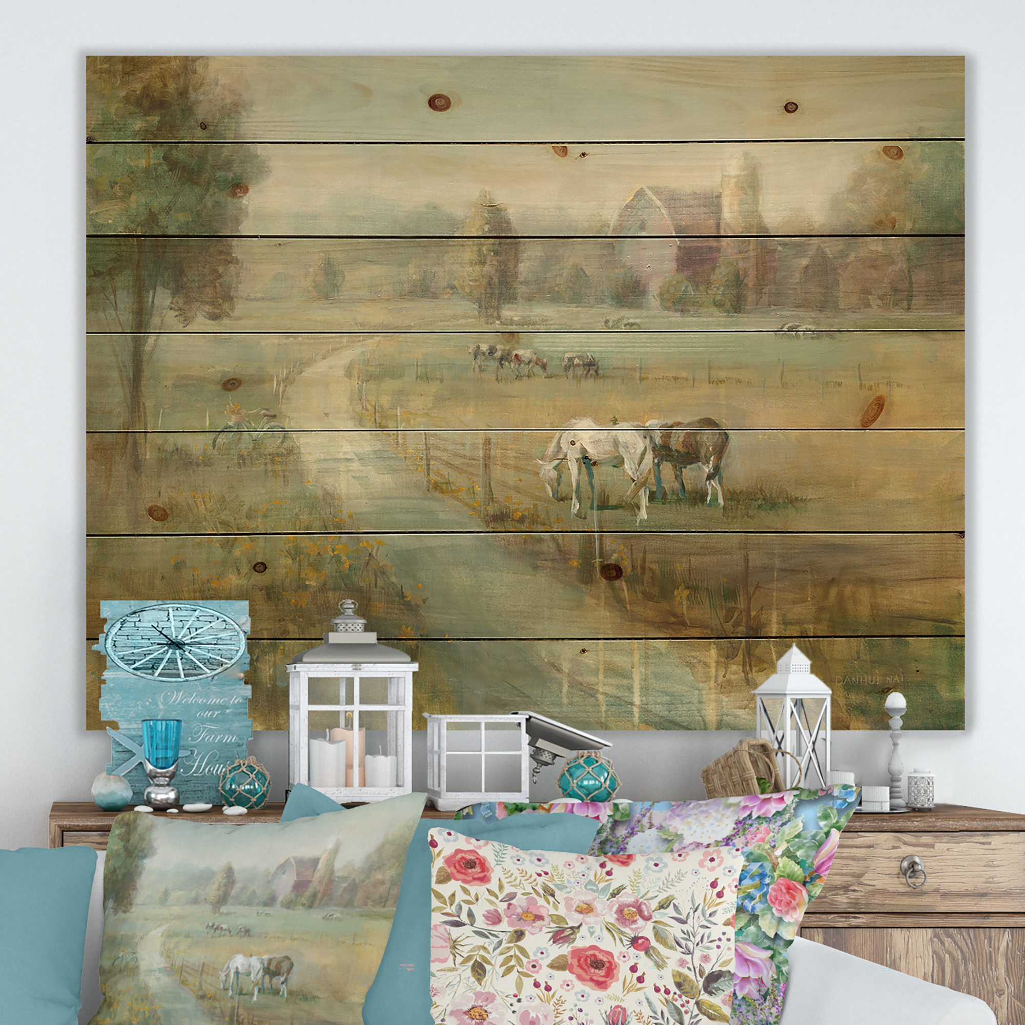 Designart 'Tranquil Country Farm Field' Farmhouse Print on Natural Pine Wood