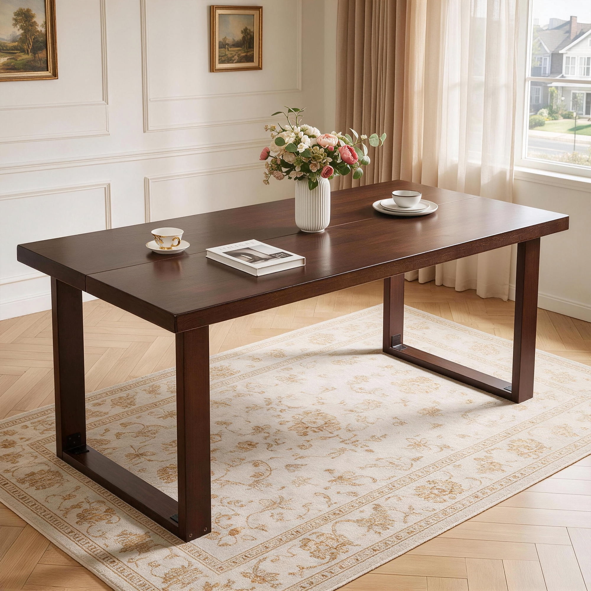 180cm Large Solid Wood Dining Table, Mid‑Century Modern Rectangular Solid Wood Kitchen Table, Dark Walnut Solid Wood Table for Dining Room Home Office