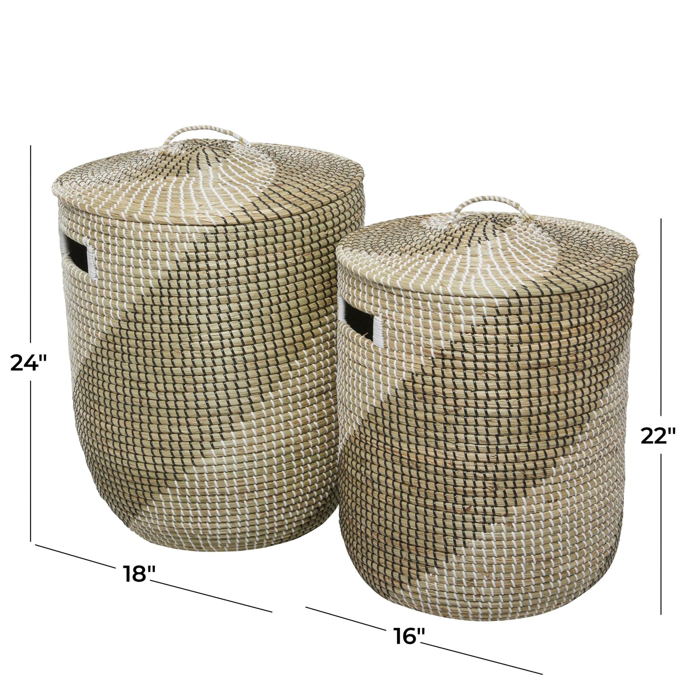 DecMode 24", 22"H Brown Seagrass Handmade Two Toned Storage Basket with Matching Lids, 2-Pieces