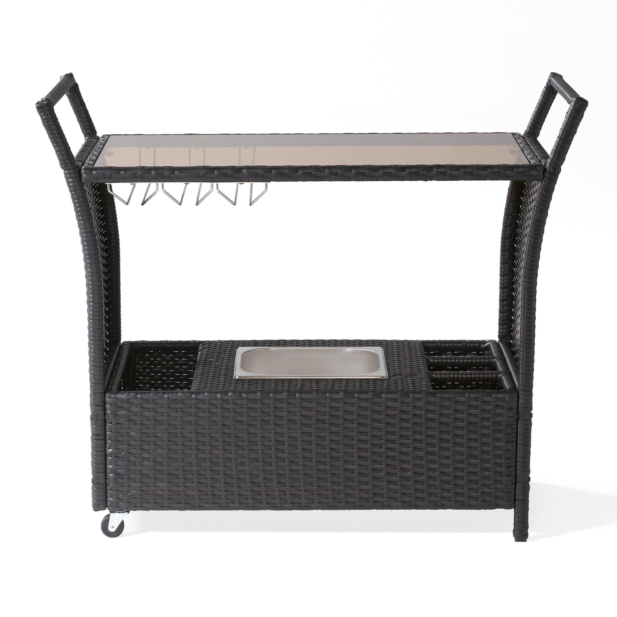 Black Patio Bar Carts for The Home Cart on Wheels with Wine Rack Patio Furniture Black PE Rattan Portable Bar Serving Cart with Stainless Ice Bucket Buttom Storage Glass Top 