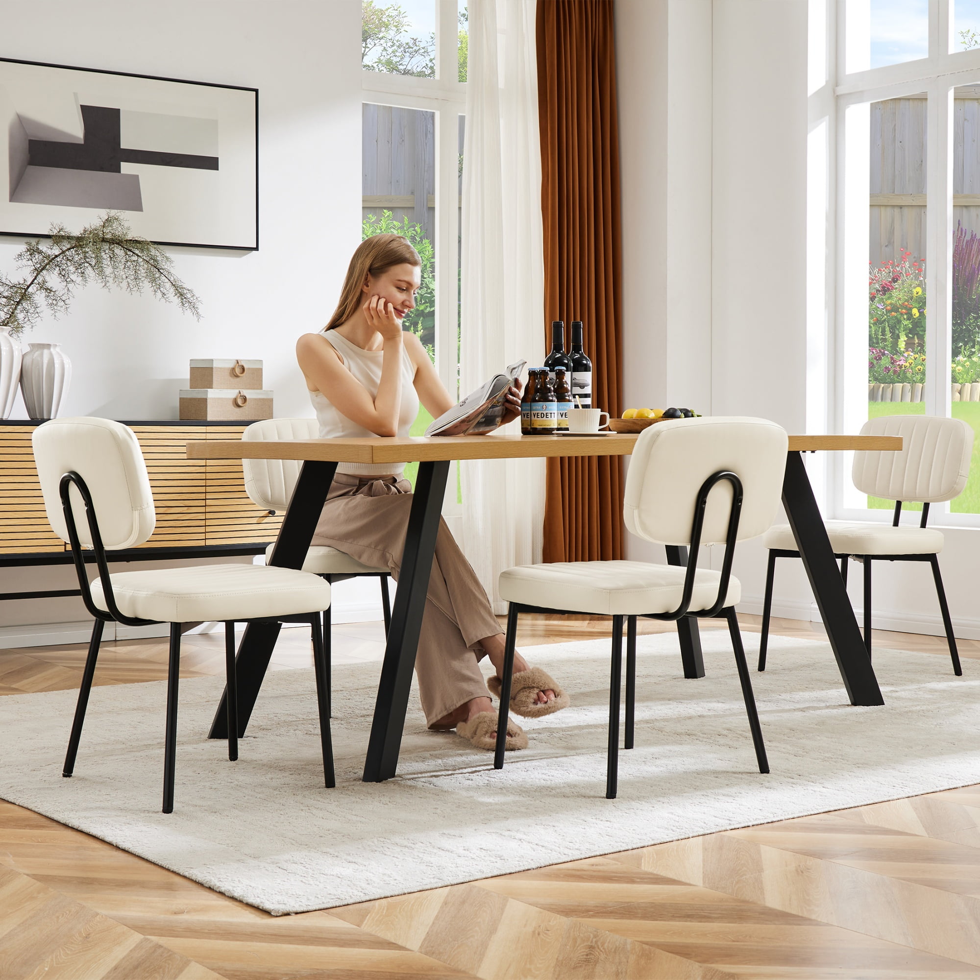 edx Dining Chairs Set of 4, Mid Century Modern Kitchen Chairs with Faux Leather for Kitchen, Living Room, Beige